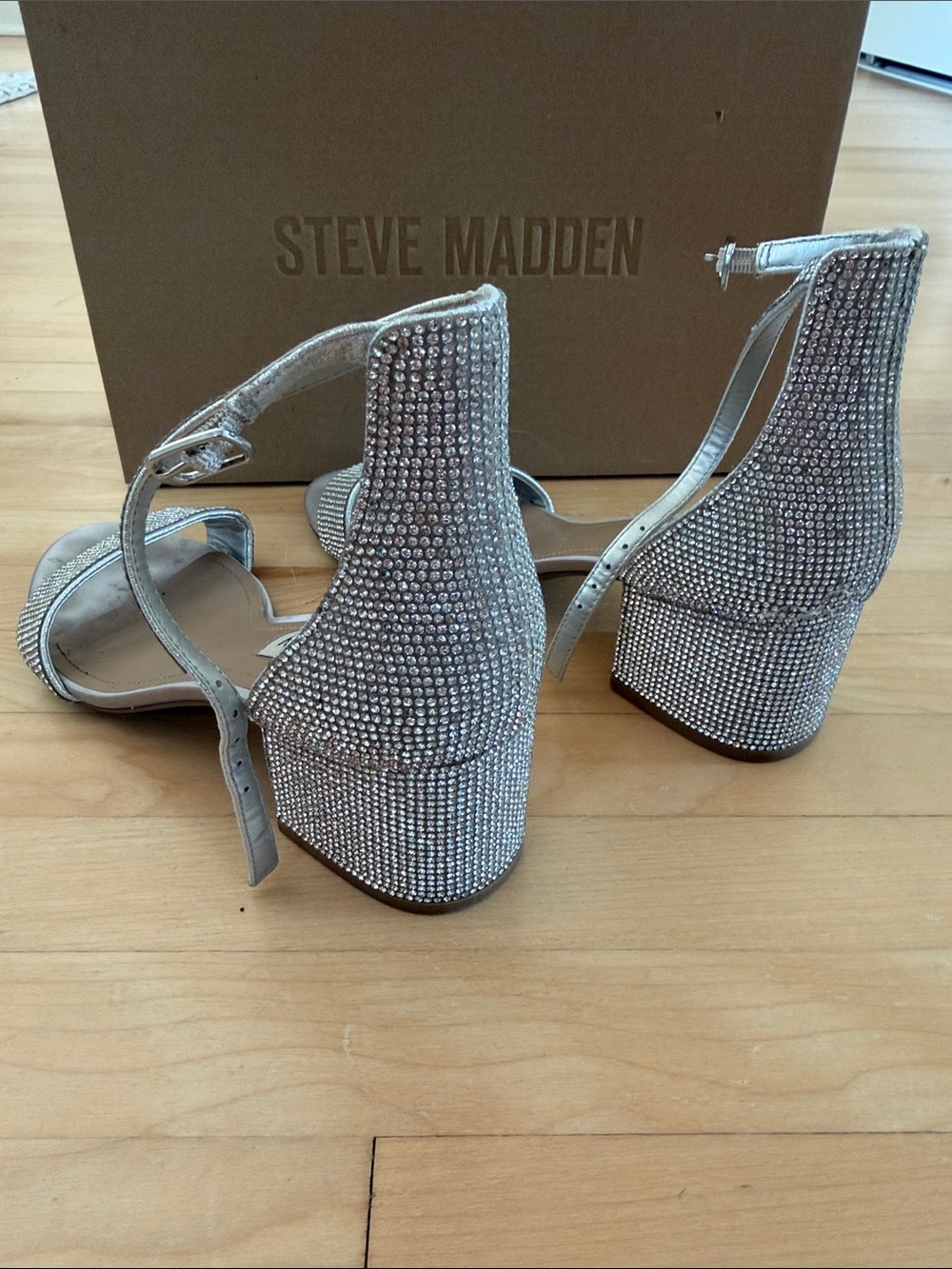 Steve Madden Silver Rhinestone Open-Toe Block Heels - Picture 6 of 7